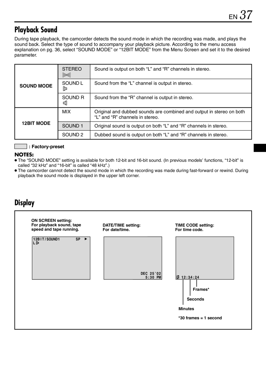 JVC LYT0944-001A specifications Playback Sound, Display 