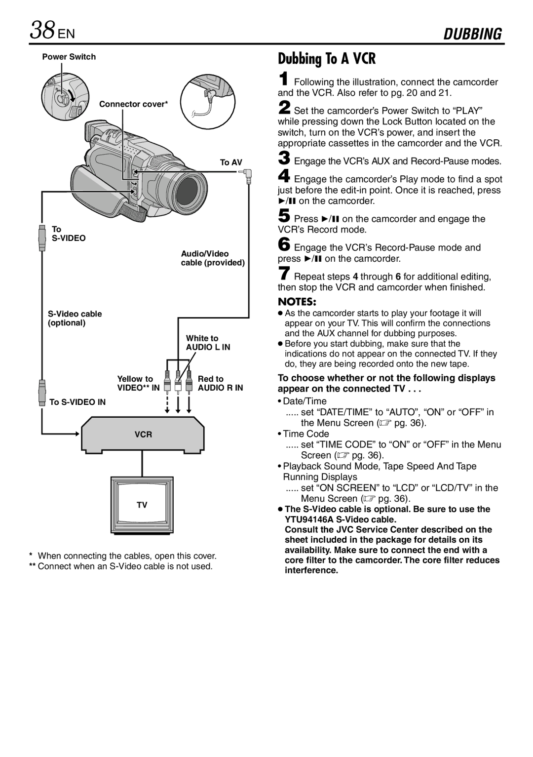 JVC LYT0944-001A specifications 38 EN, Dubbing To a VCR, Date/Time Set DATE/TIME to AUTO, on or OFF Menu Screen  pg 