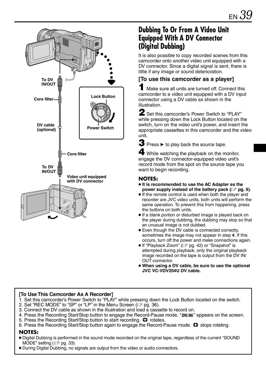 JVC LYT0944-001A specifications To use this camcorder as a player, Core filter Lock Button, DV cable, Core filter To DV 