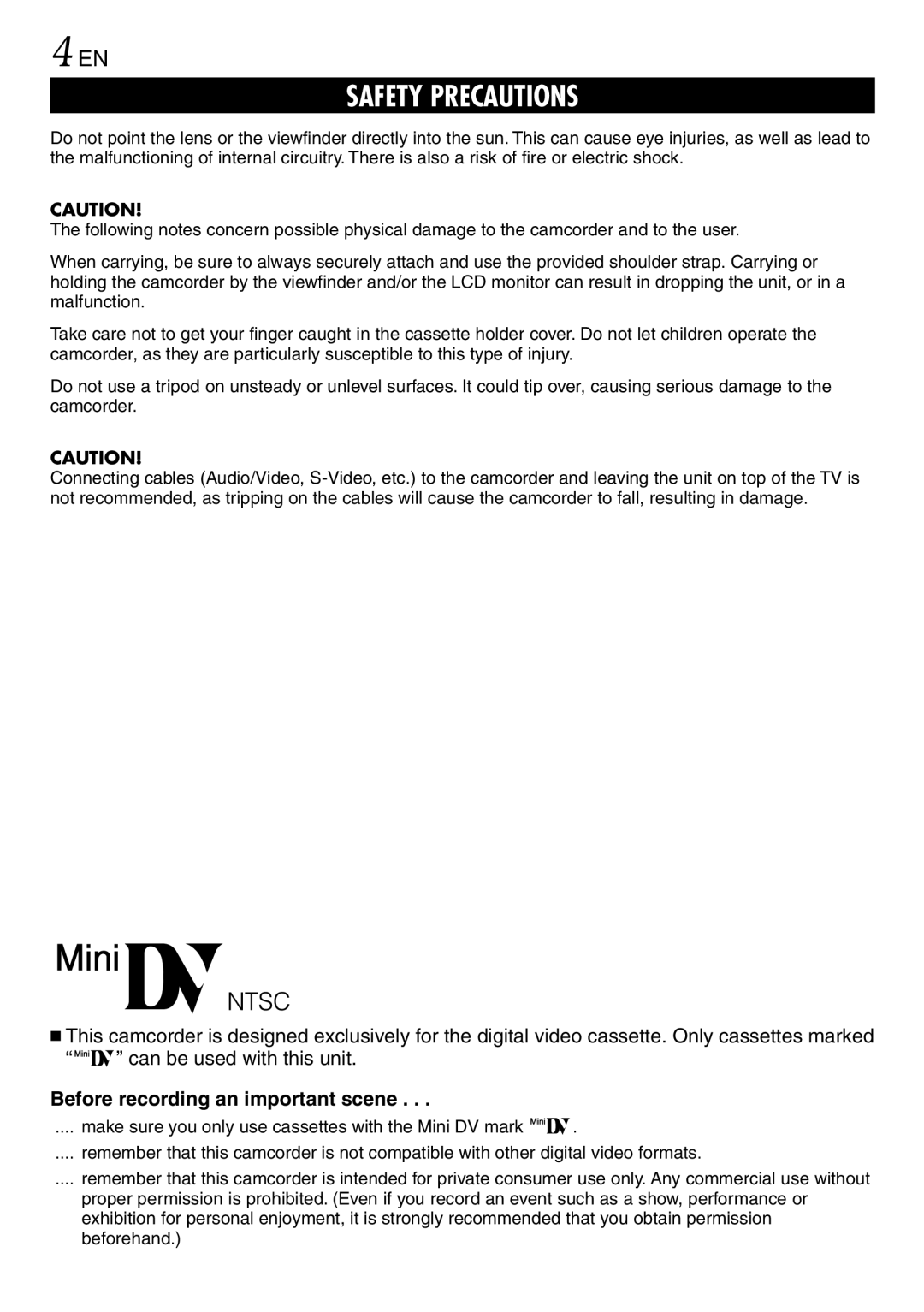 JVC LYT0944-001A specifications Before recording an important scene 