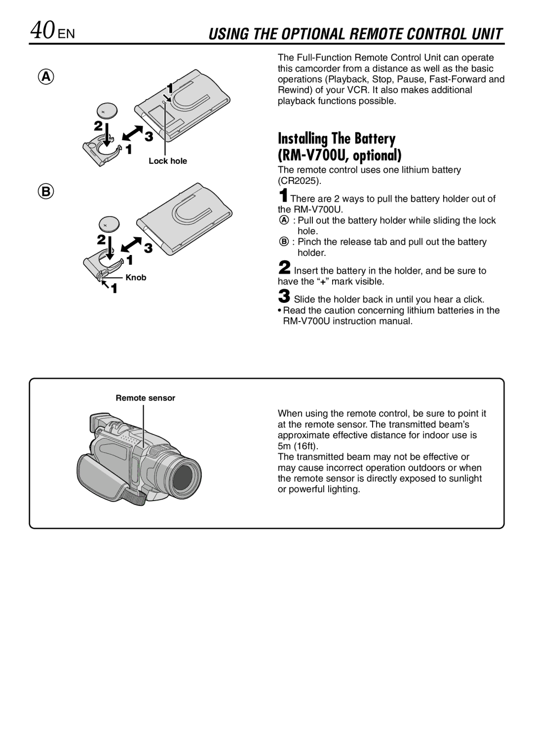 JVC LYT0944-001A specifications 40 EN, Lock hole, Knob Remote sensor 