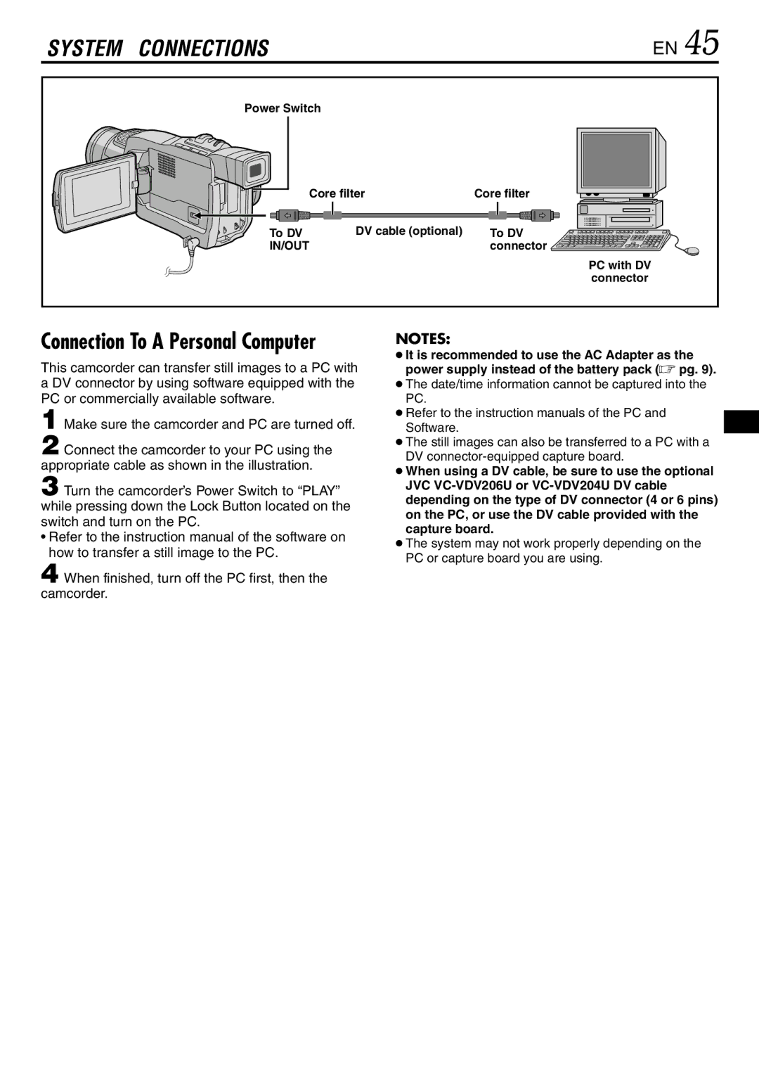 JVC LYT0944-001A specifications Power Switch Core filter To DV DV cable optional, PC with DV 