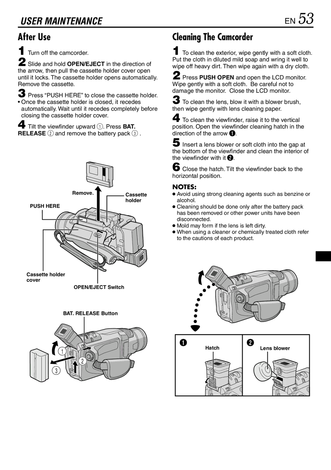 JVC LYT0944-001A specifications After Use, Cleaning The Camcorder, Remove.Cassette holder, Hatch Lens blower 