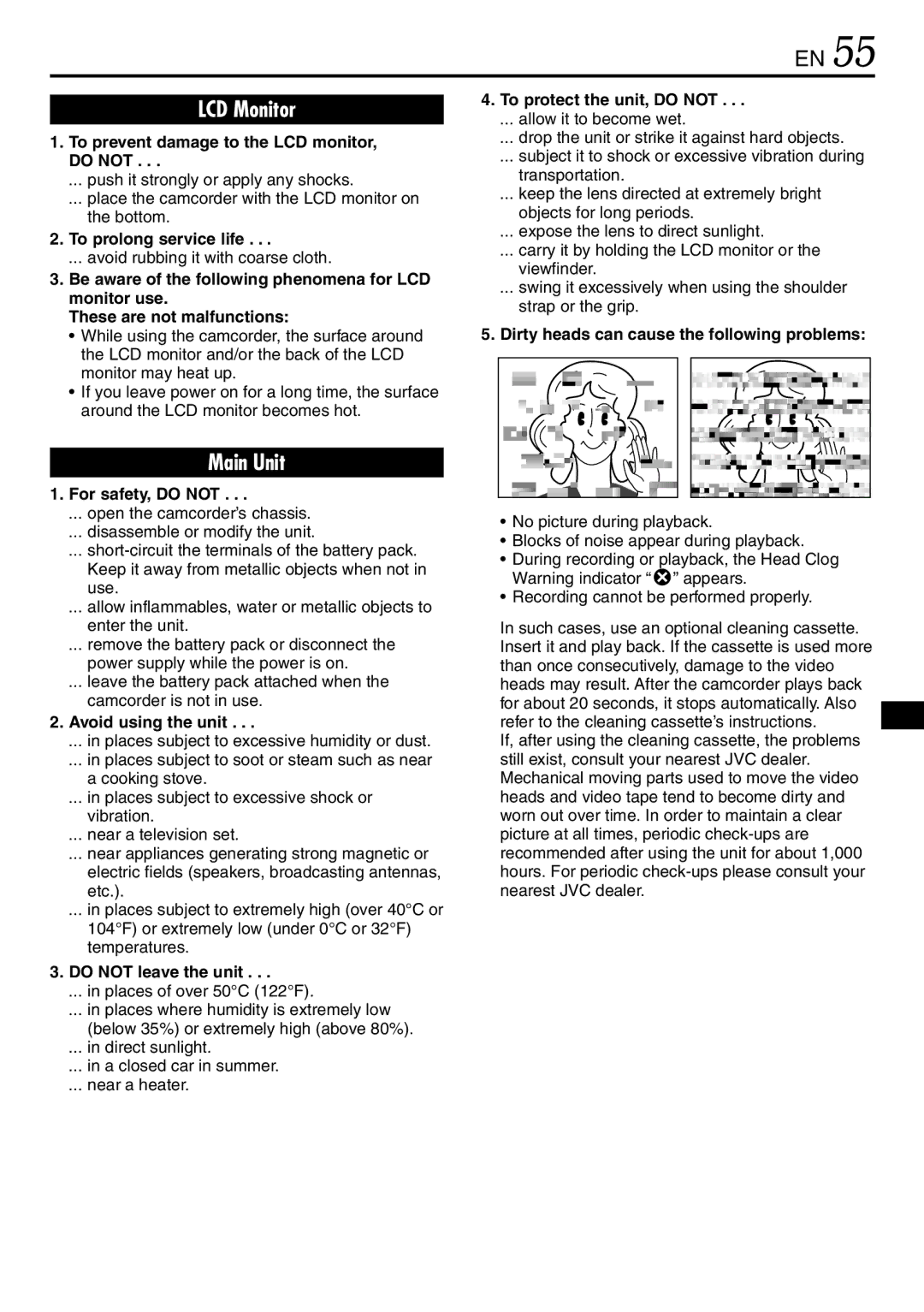 JVC LYT0944-001A specifications To prevent damage to the LCD monitor, do not, To prolong service life, For safety, do not 