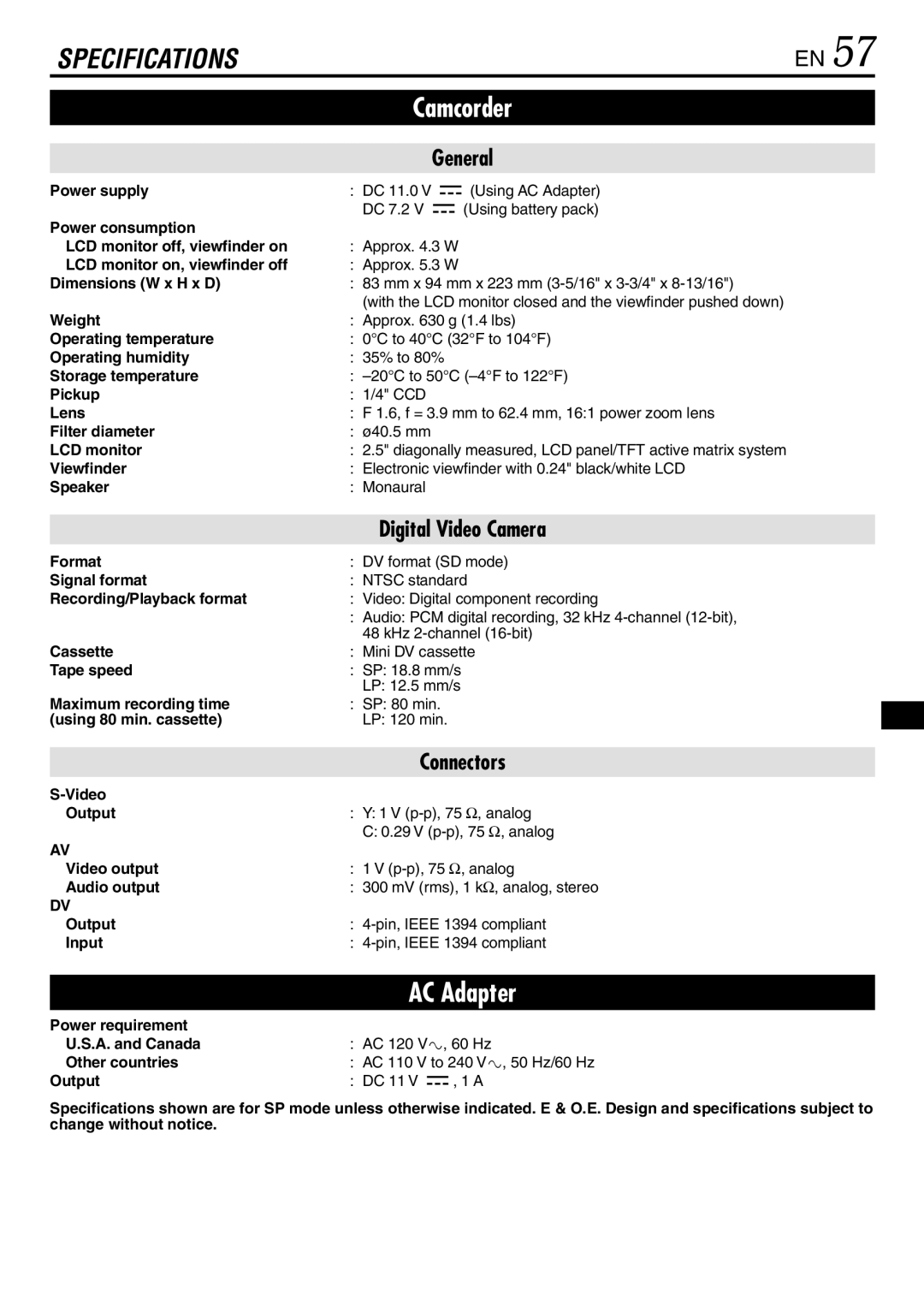 JVC LYT0944-001A Power supply, Power consumption, LCD monitor off, viewfinder on, LCD monitor on, viewfinder off, Weight 