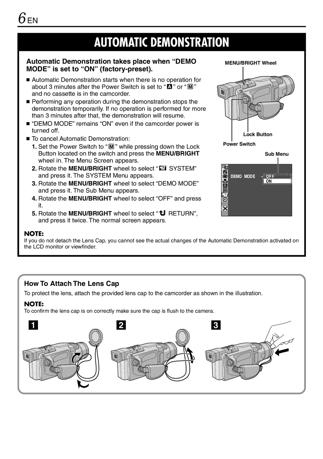 JVC LYT0944-001A specifications How To Attach The Lens Cap, MENU/BRIGHT Wheel Lock Button Power Switch Sub Menu 