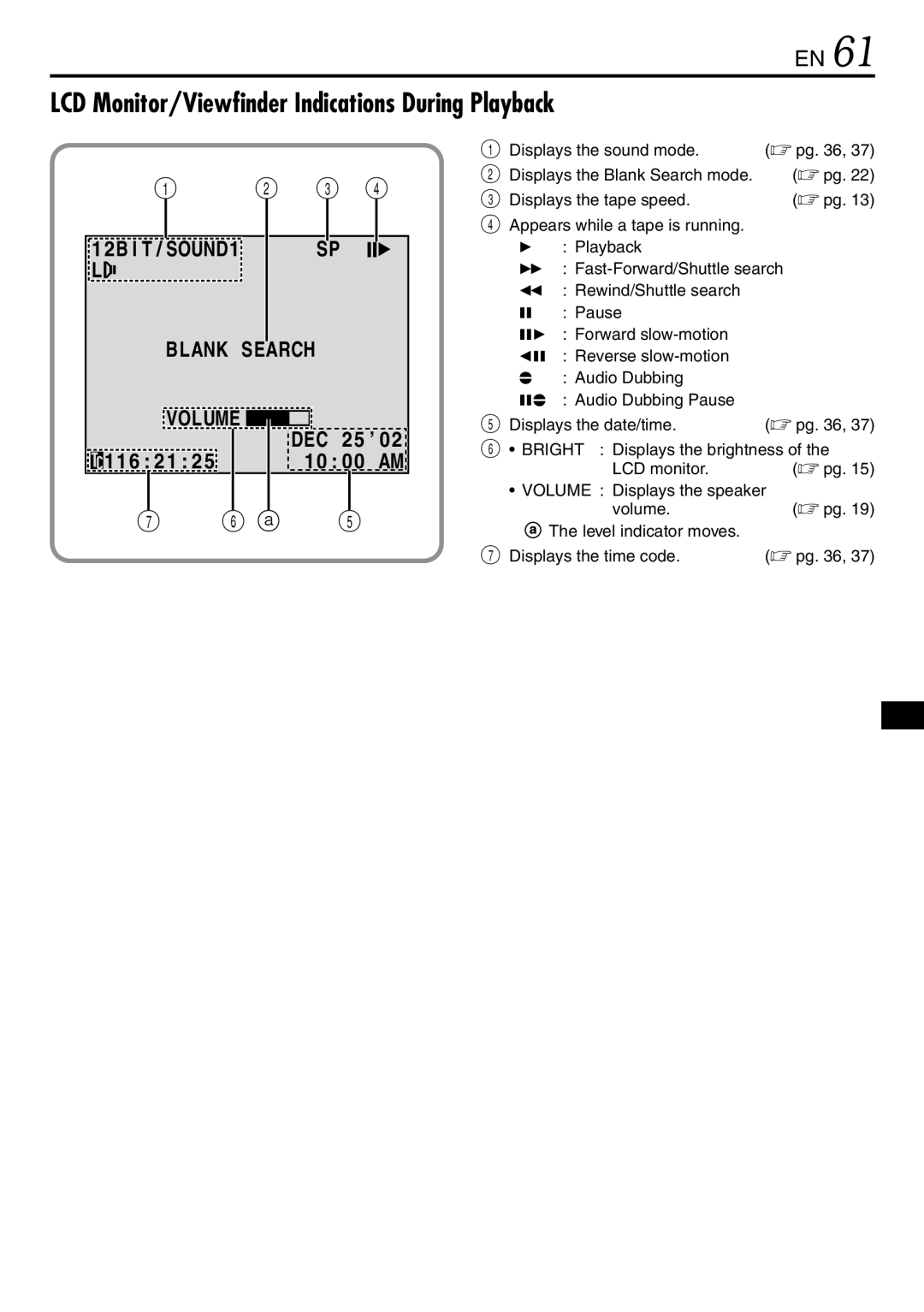 JVC LYT0944-001A specifications LCD Monitor/Viewfinder Indications During Playback, 2B I T, 116 21, Displays the sound mode 