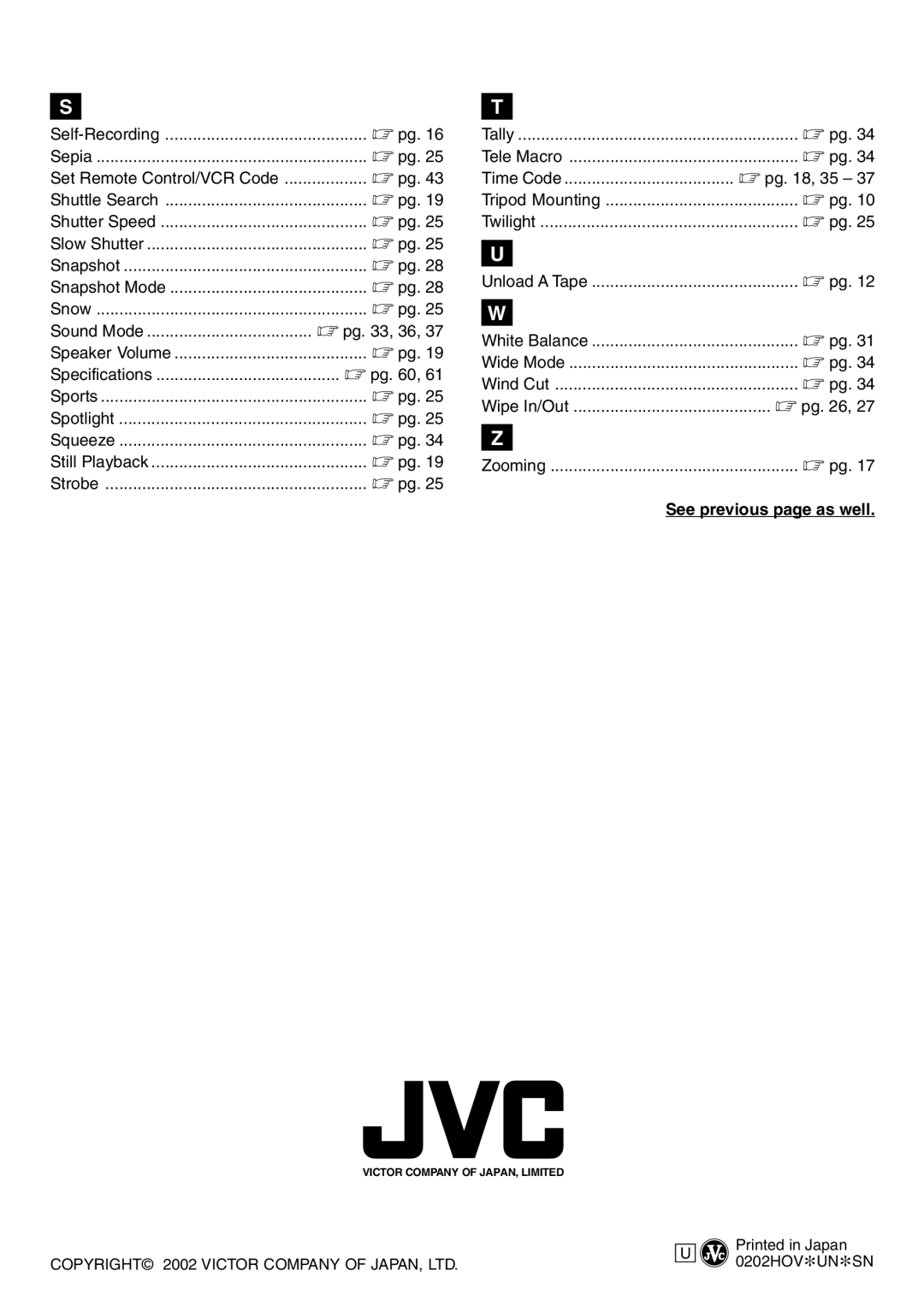 JVC LYT0944-001A specifications Pg , 35, Unload a Tape, White Balance, See previous page as well 