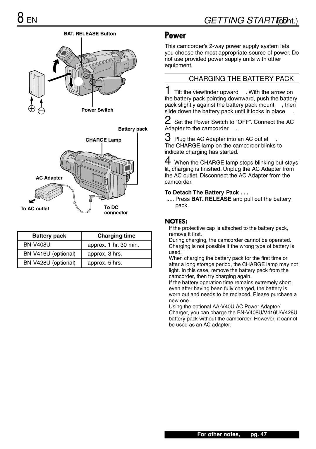 JVC LYT0944-001A specifications Power, Battery pack Charging time, To Detach The Battery Pack 