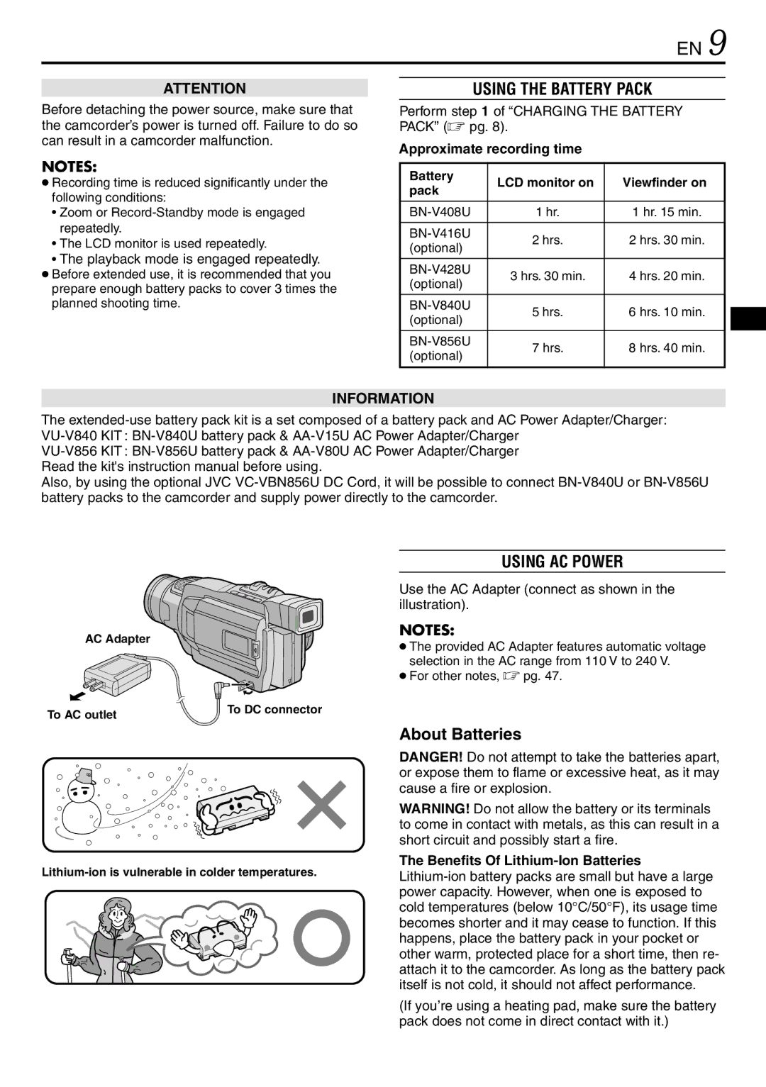 JVC LYT0944-001A specifications About Batteries, Approximate recording time, Benefits Of Lithium-Ion Batteries 