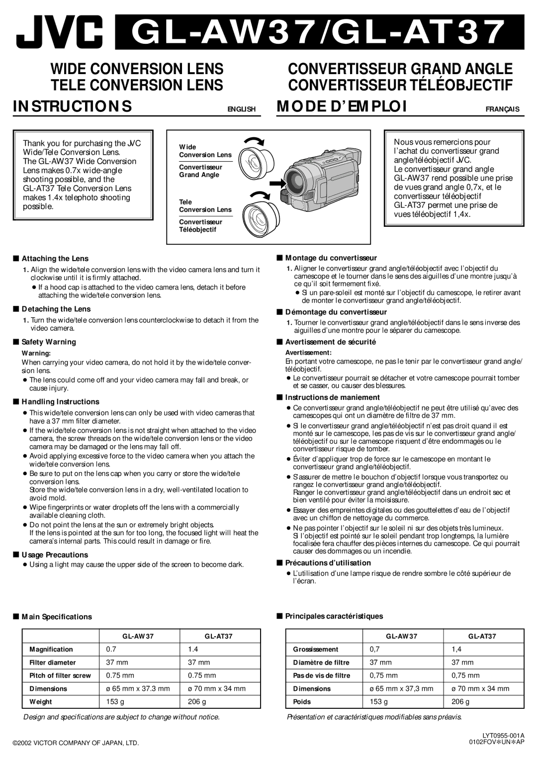 JVC GL-AW37 specifications  Attaching the Lens  Montage du convertisseur,  Detaching the Lens,  Safety Warning 