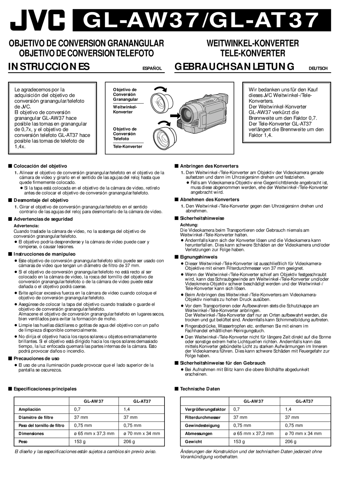 JVC 0102FOV*UN*AP  Colocación del objetivo,  Desmontaje del objetivo,  Advertencias de seguridad,  Precauciones de uso 