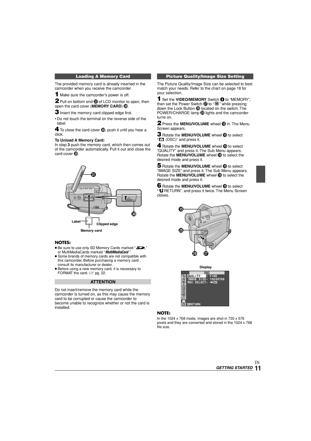 JVC LYT1145-001A manual Loading a Memory Card Picture Quality/Image Size Setting, To Unload a Memory Card, Display 