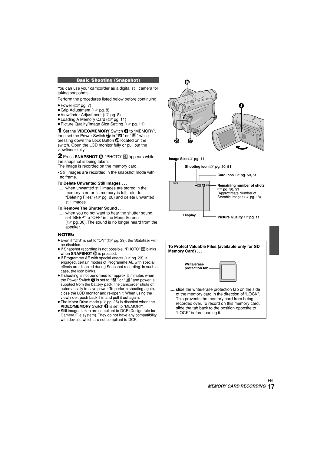 JVC LYT1145-001A manual Basic Shooting Snapshot, To Delete Unwanted Still Images, To Remove The Shutter Sound 