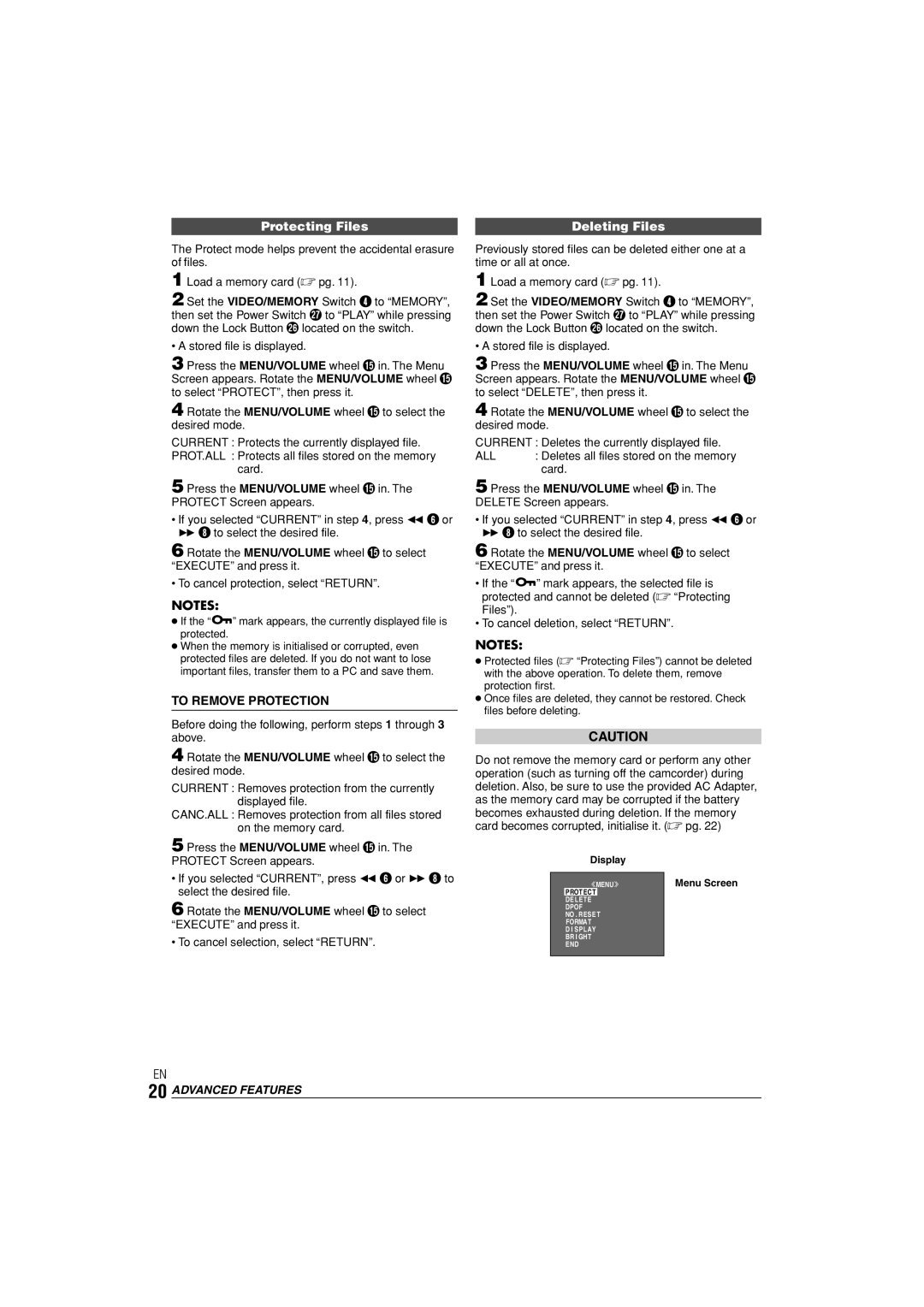 JVC LYT1145-001A manual Protecting Files Deleting Files, To Remove Protection, Advanced Features 