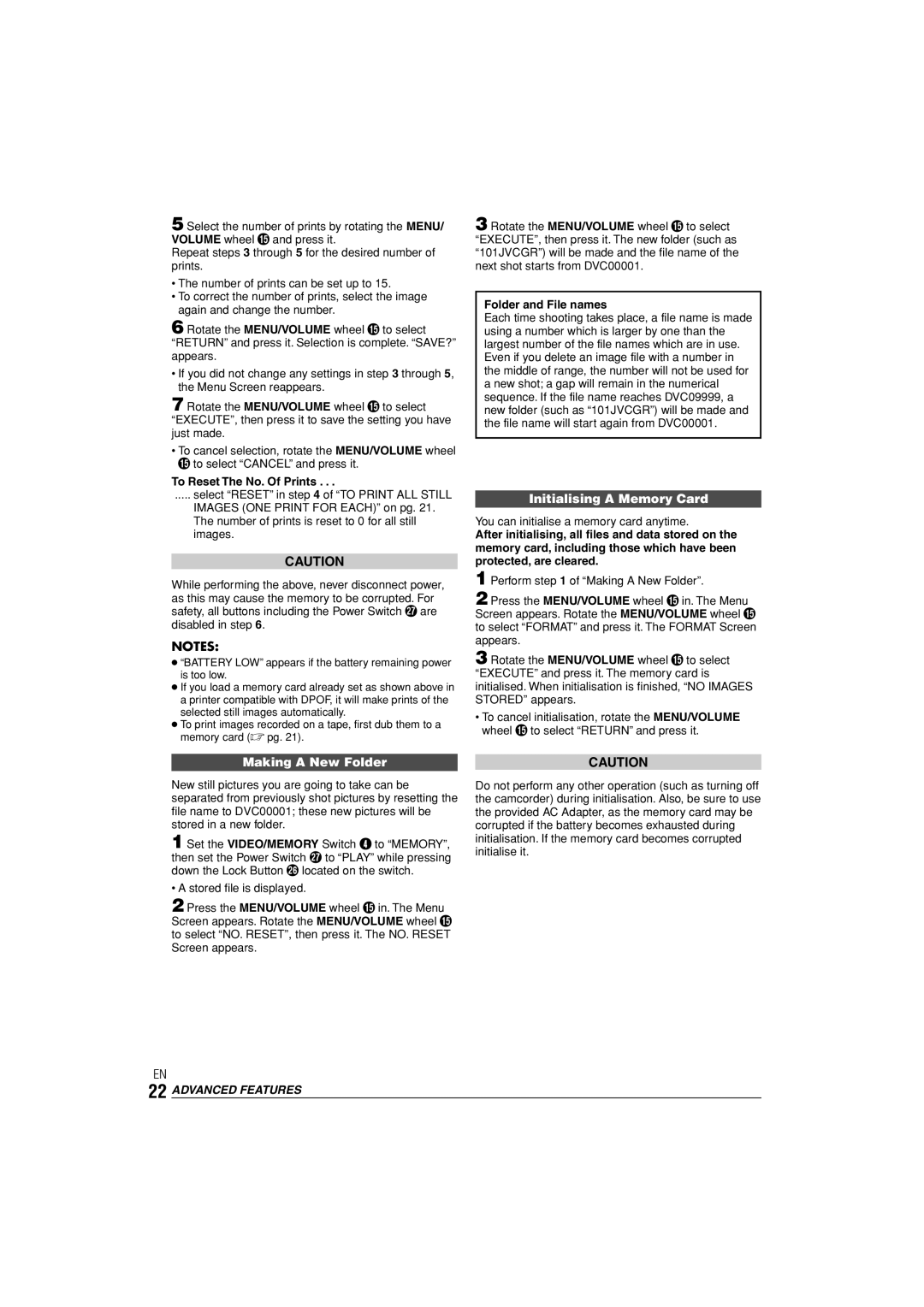 JVC LYT1145-001A manual Initialising a Memory Card, Making a New Folder, To Reset The No. Of Prints, Folder and File names 