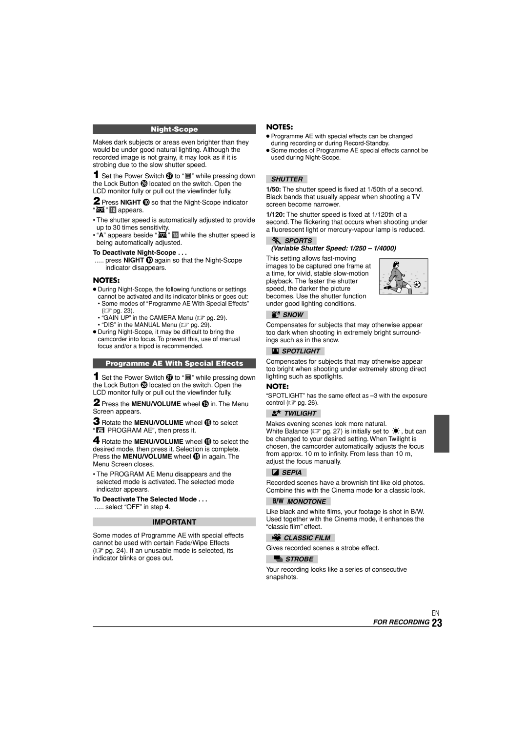 JVC LYT1145-001A manual Night-Scope, Programme AE With Special Effects 