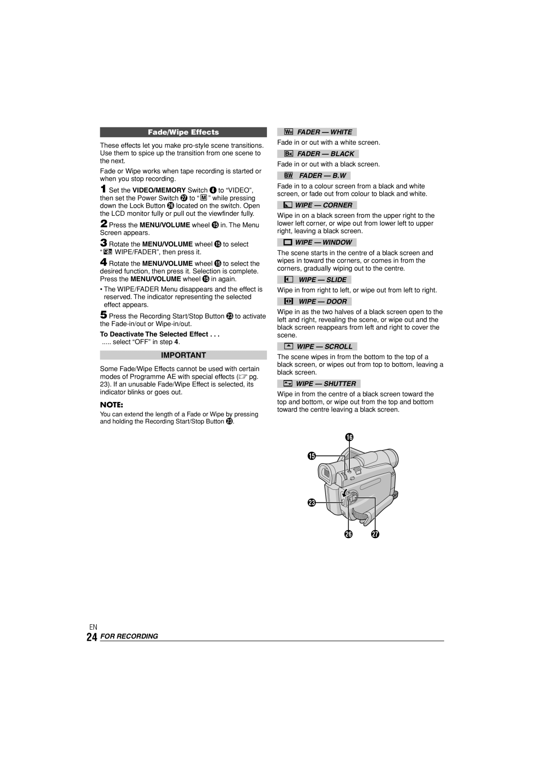 JVC LYT1145-001A manual Fade/Wipe Effects 