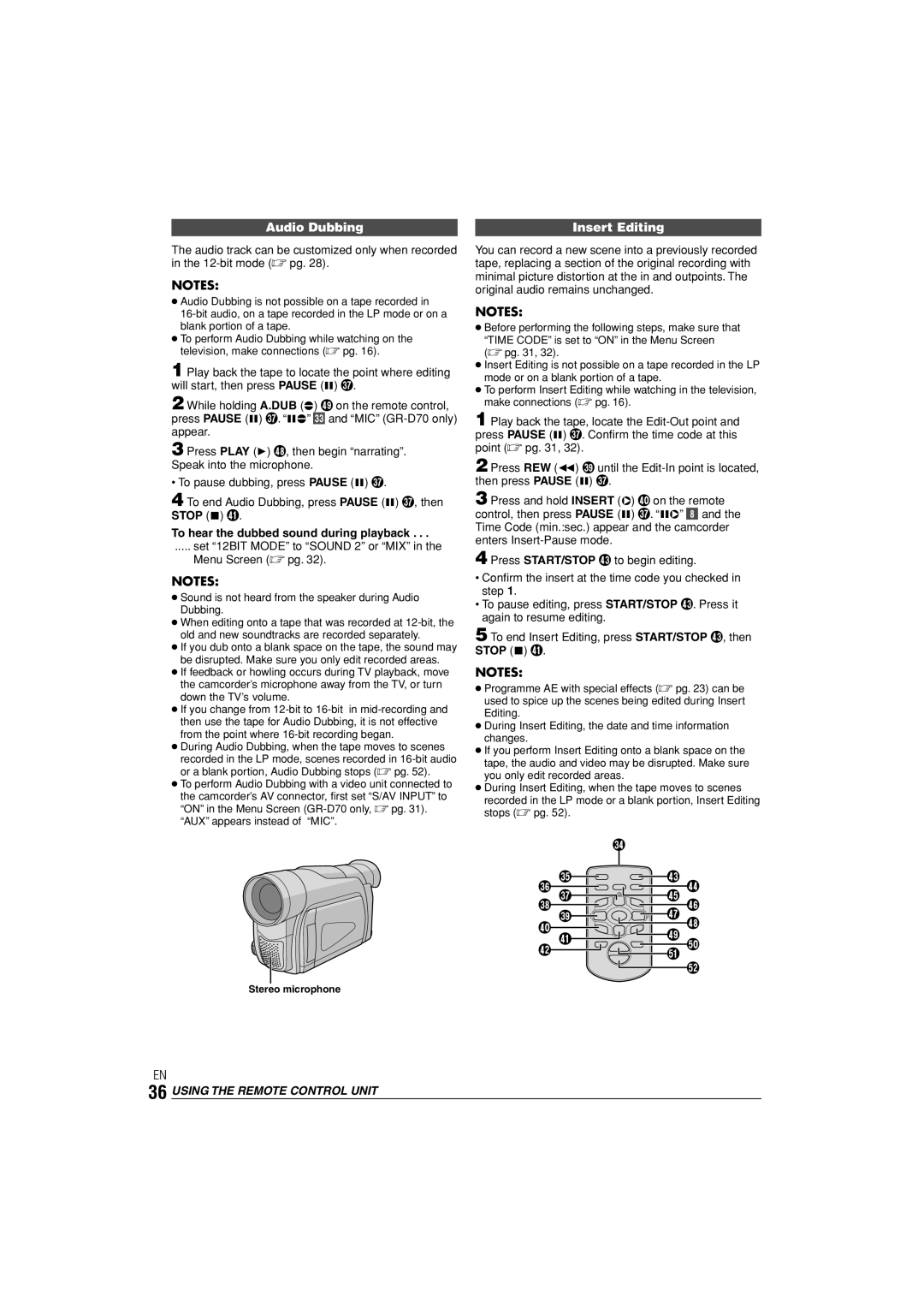 JVC LYT1145-001A manual Audio Dubbing, Insert Editing, To hear the dubbed sound during playback, Stereo microphone 