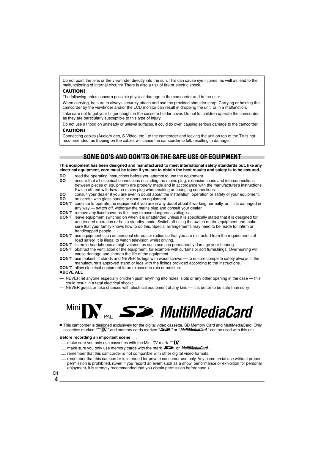 JVC LYT1145-001A manual Some DO’S and DON’TS on the Safe USE of Equipment, Before recording an important scene 