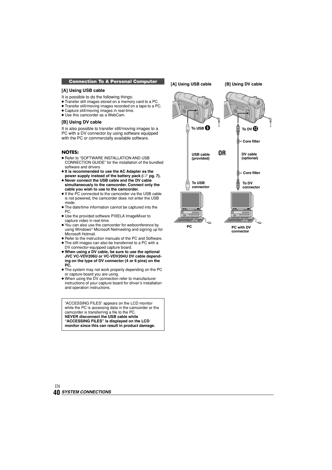 JVC LYT1145-001A manual Connection To a Personal Computer, Using USB cable, Using DV cable, System Connections 