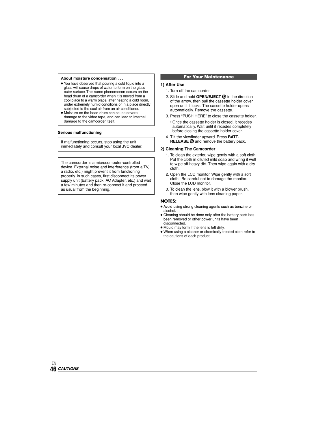 JVC LYT1145-001A manual For Your Maintenance, After Use, Cleaning The Camcorder, About moisture condensation 