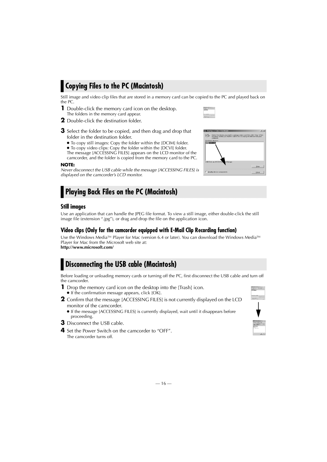 JVC LYT1147-001A manual Copying Files to the PC Macintosh, Playing Back Files on the PC Macintosh 