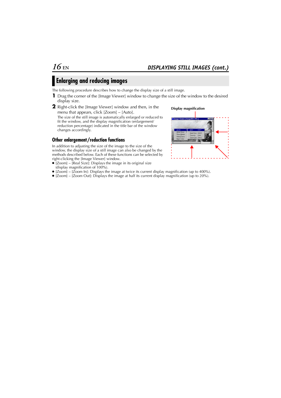 JVC LYT1147-001A Enlarging and reducing images, Other enlargement/reduction functions, Menu that appears, click Zoom Auto 