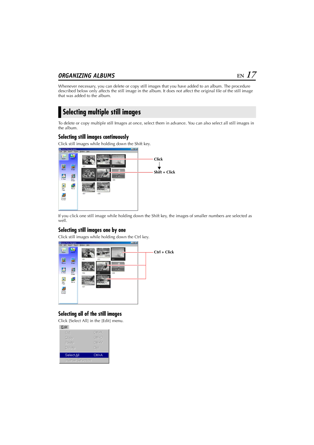 JVC LYT1147-001A Selecting multiple still images, Selecting still images continuously, Selecting still images one by one 