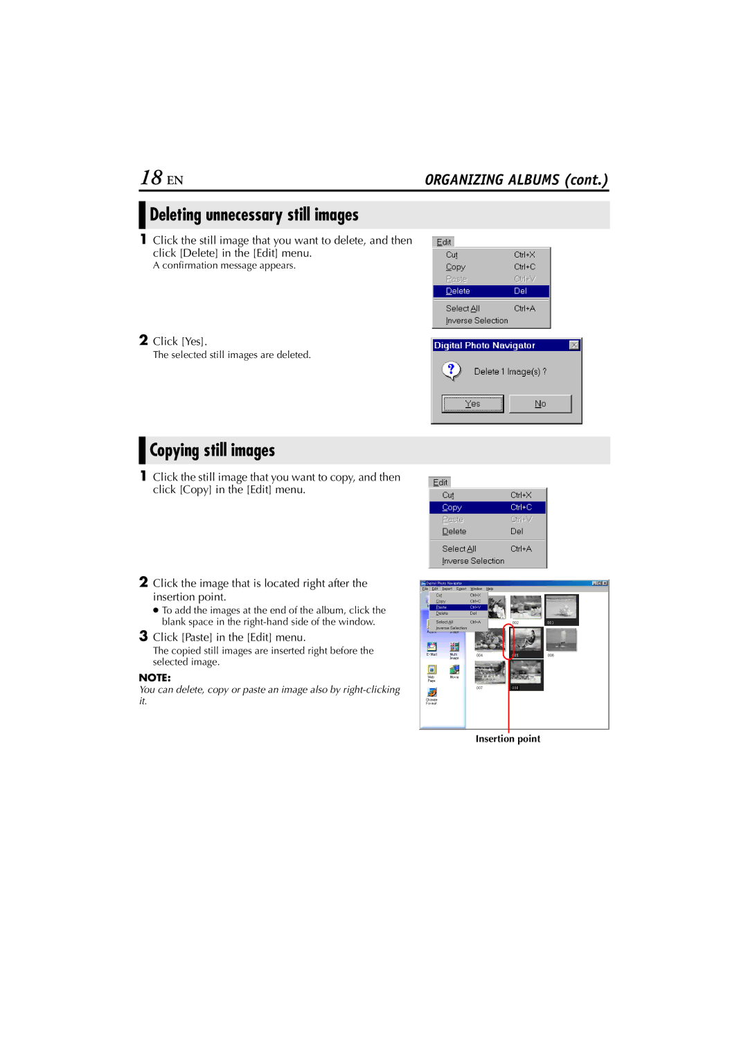 JVC LYT1147-001A Deleting unnecessary still images, Copying still images, Click Paste in the Edit menu, Insertion point 