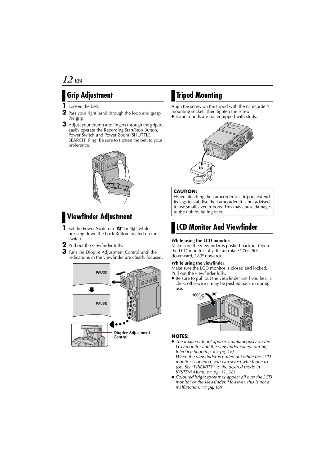 JVC LYT1147-001A manual 12 EN, Grip Adjustment, Viewfinder Adjustment, Tripod Mounting 