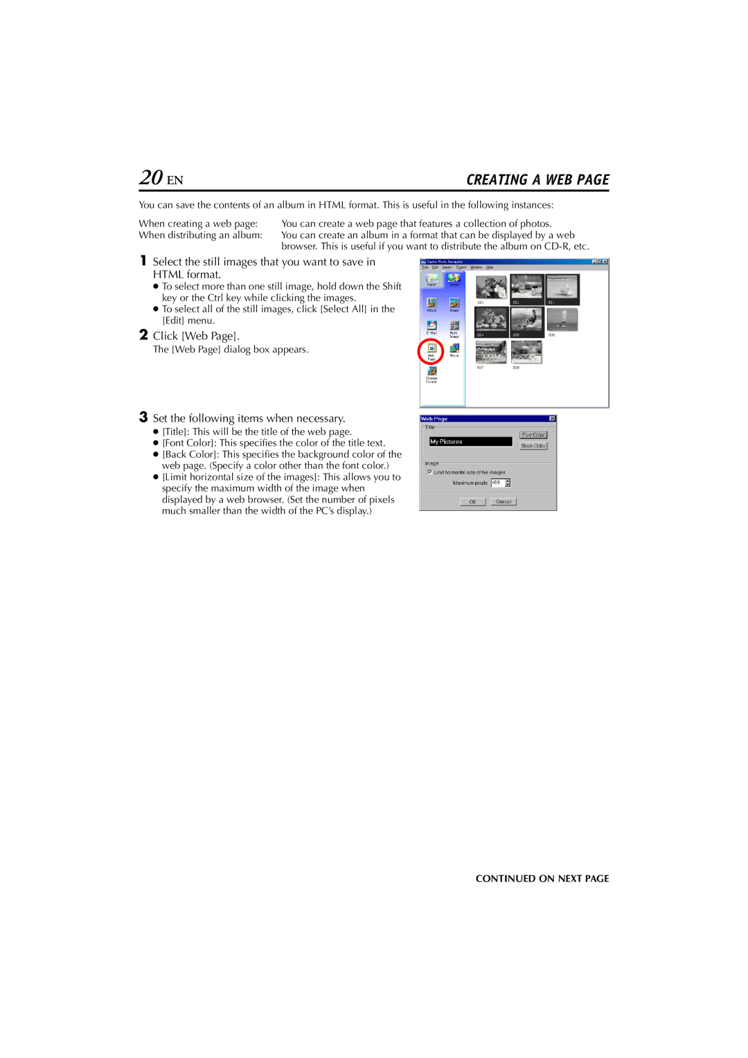 JVC LYT1147-001A manual Click Web, Set the following items when necessary, Web Page dialog box appears 