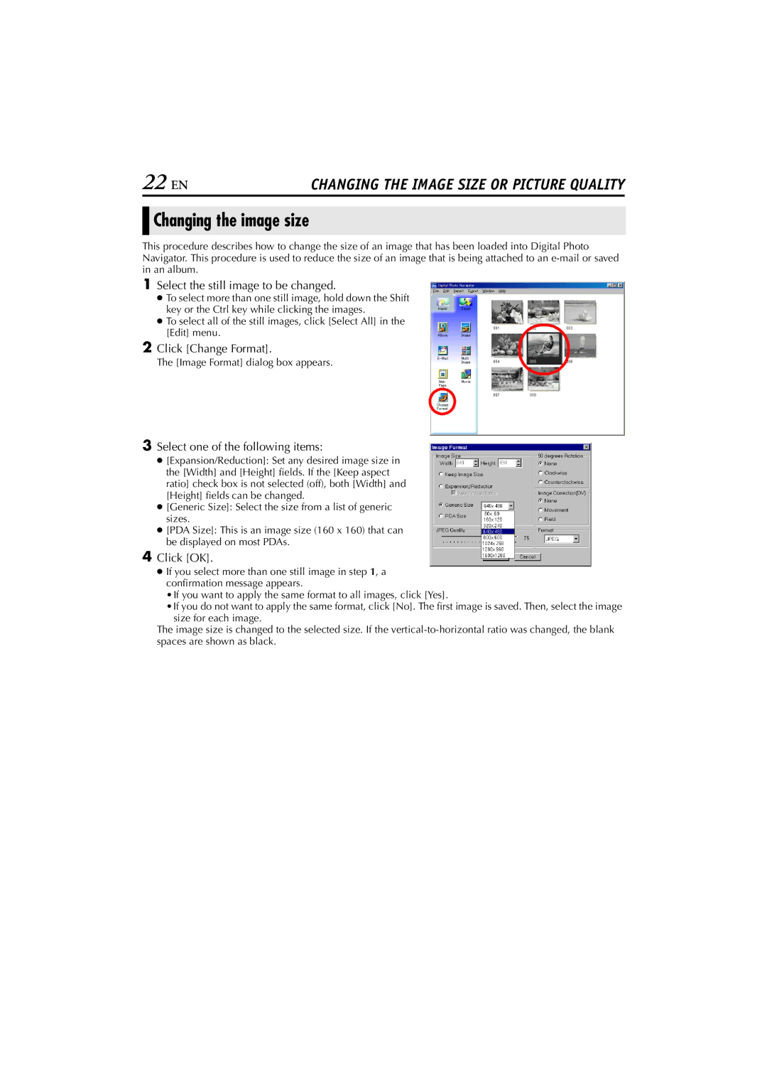 JVC LYT1147-001A manual Changing the image size, Select the still image to be changed, Click Change Format 