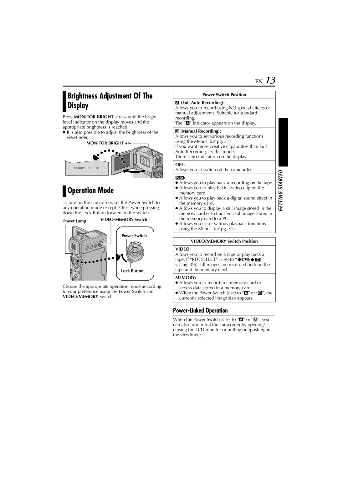 JVC LYT1147-001A manual Operation Mode, Power-Linked Operation, Off, Video, Memory 