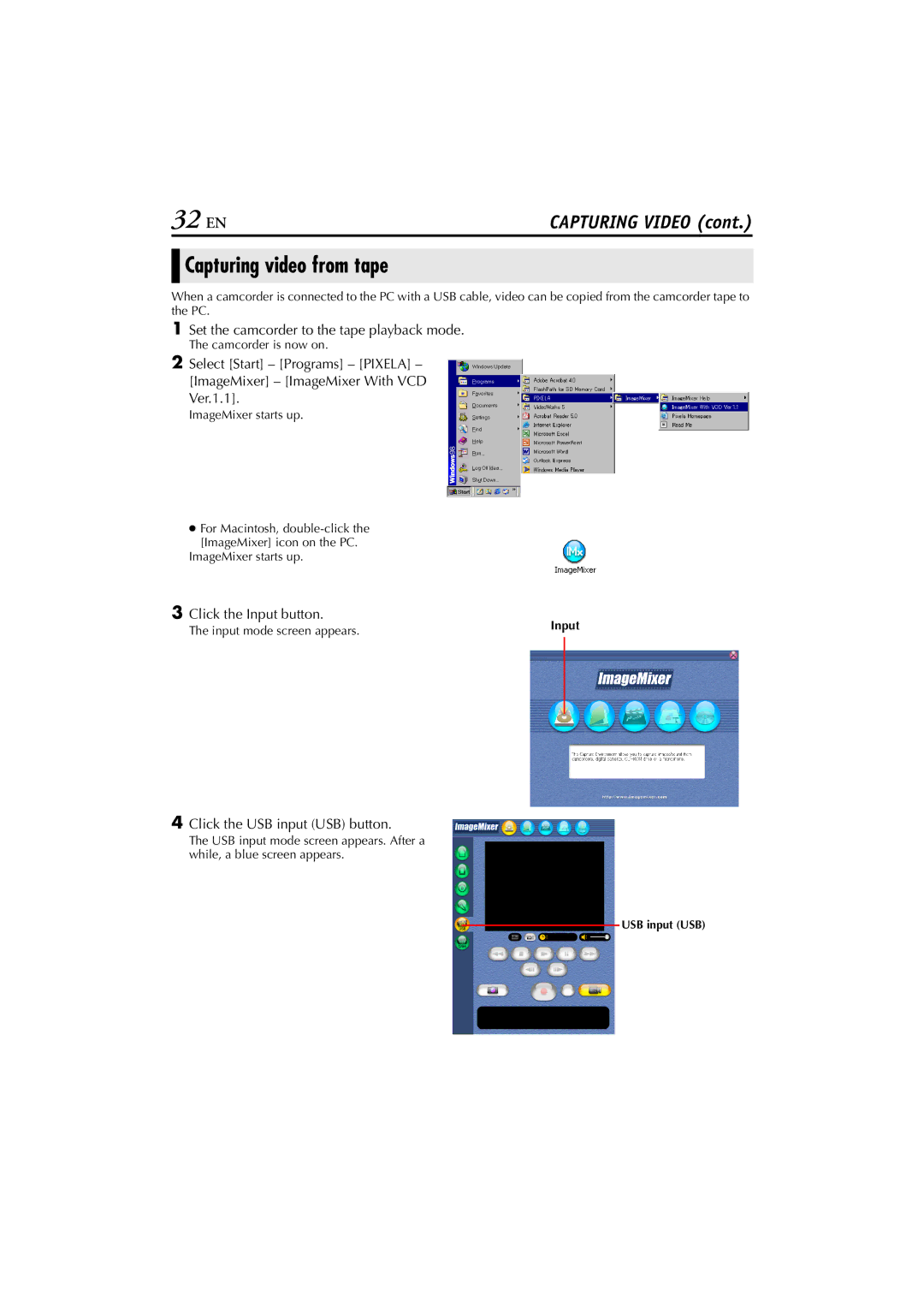 JVC LYT1147-001A manual Capturing video from tape, Set the camcorder to the tape playback mode, Camcorder is now on 