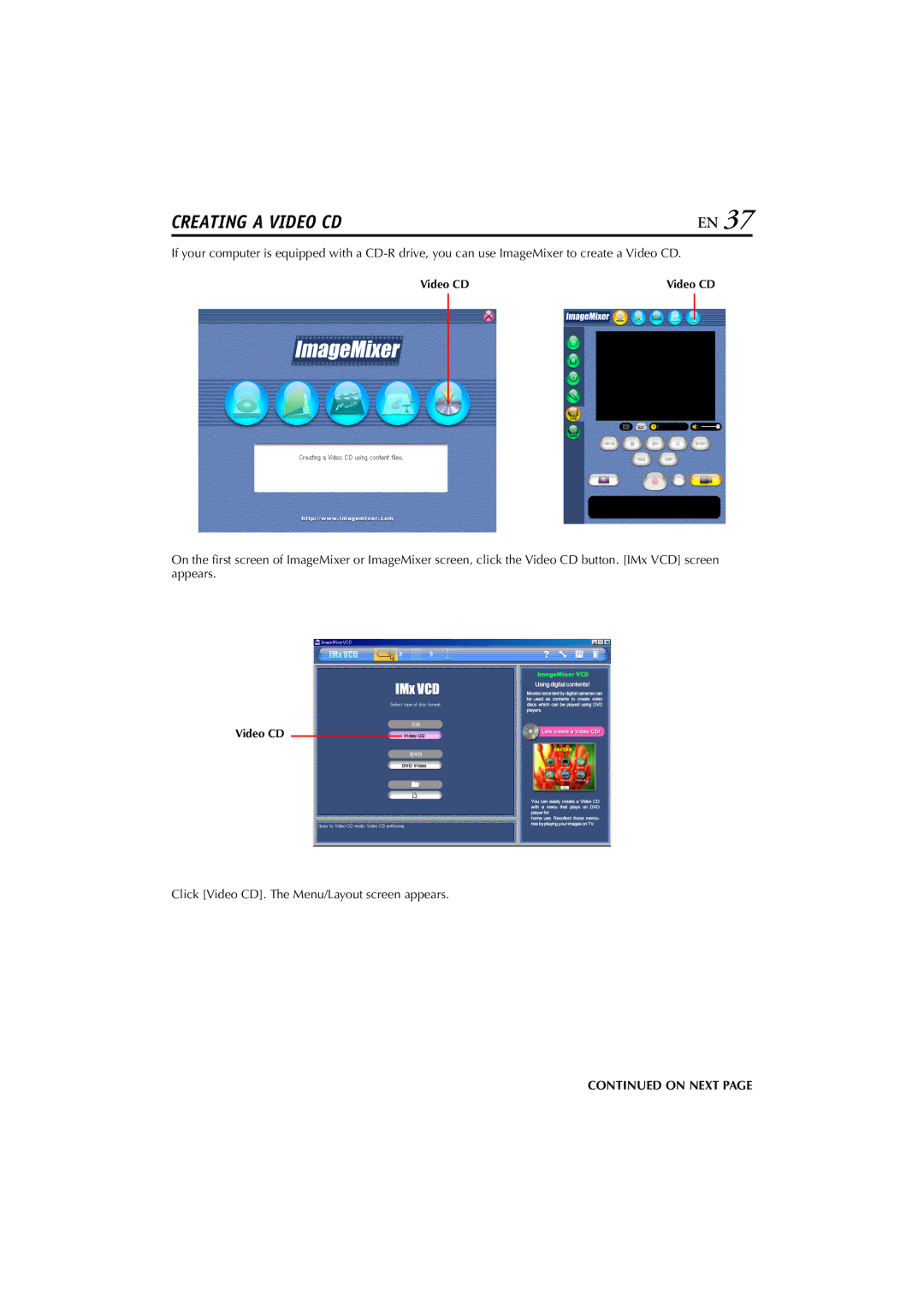 JVC LYT1147-001A manual Creating a Video CD, Click Video CD. The Menu/Layout screen appears 