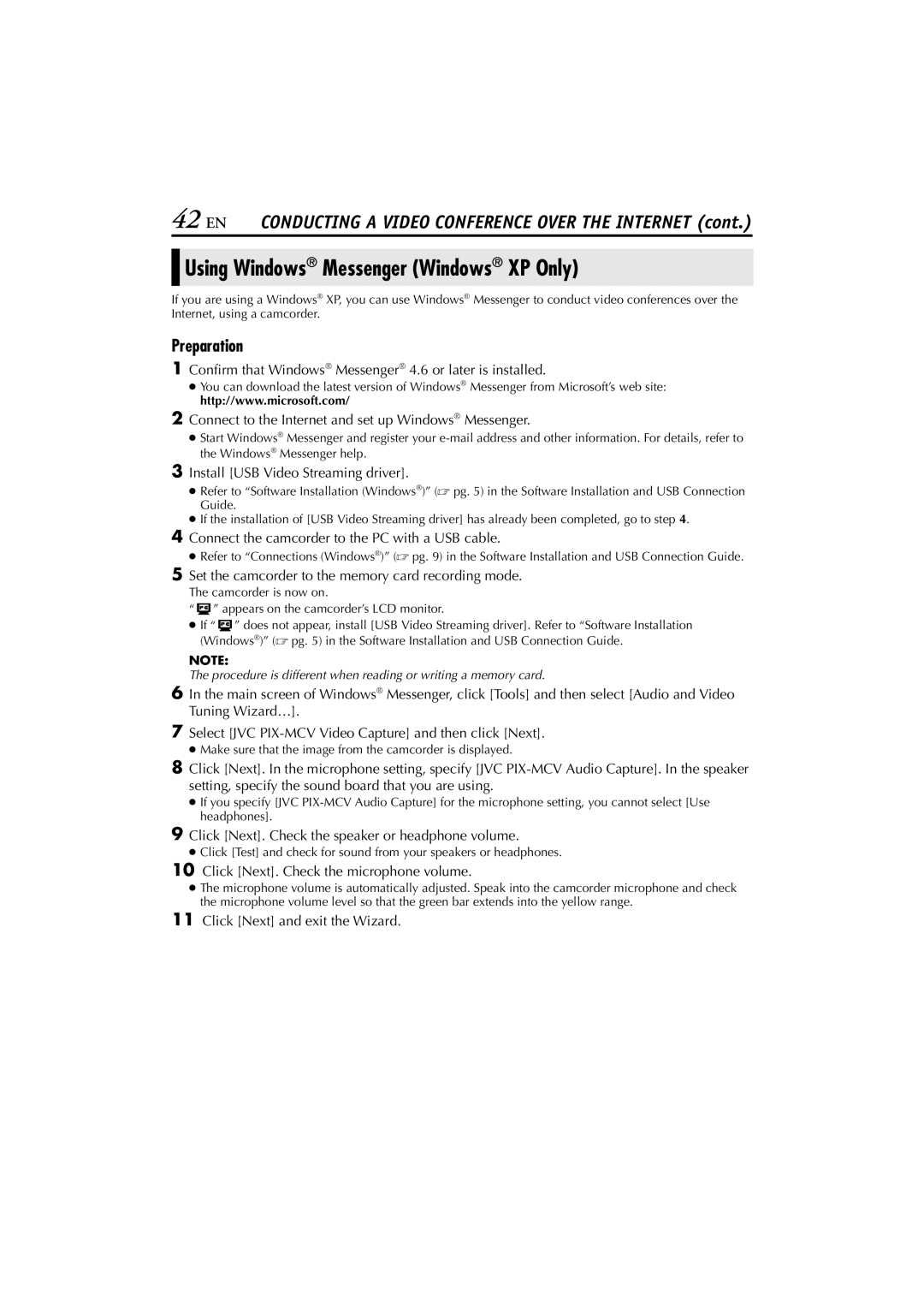 JVC LYT1147-001A manual Using Windows Messenger Windows XP Only, Click Next. Check the speaker or headphone volume 