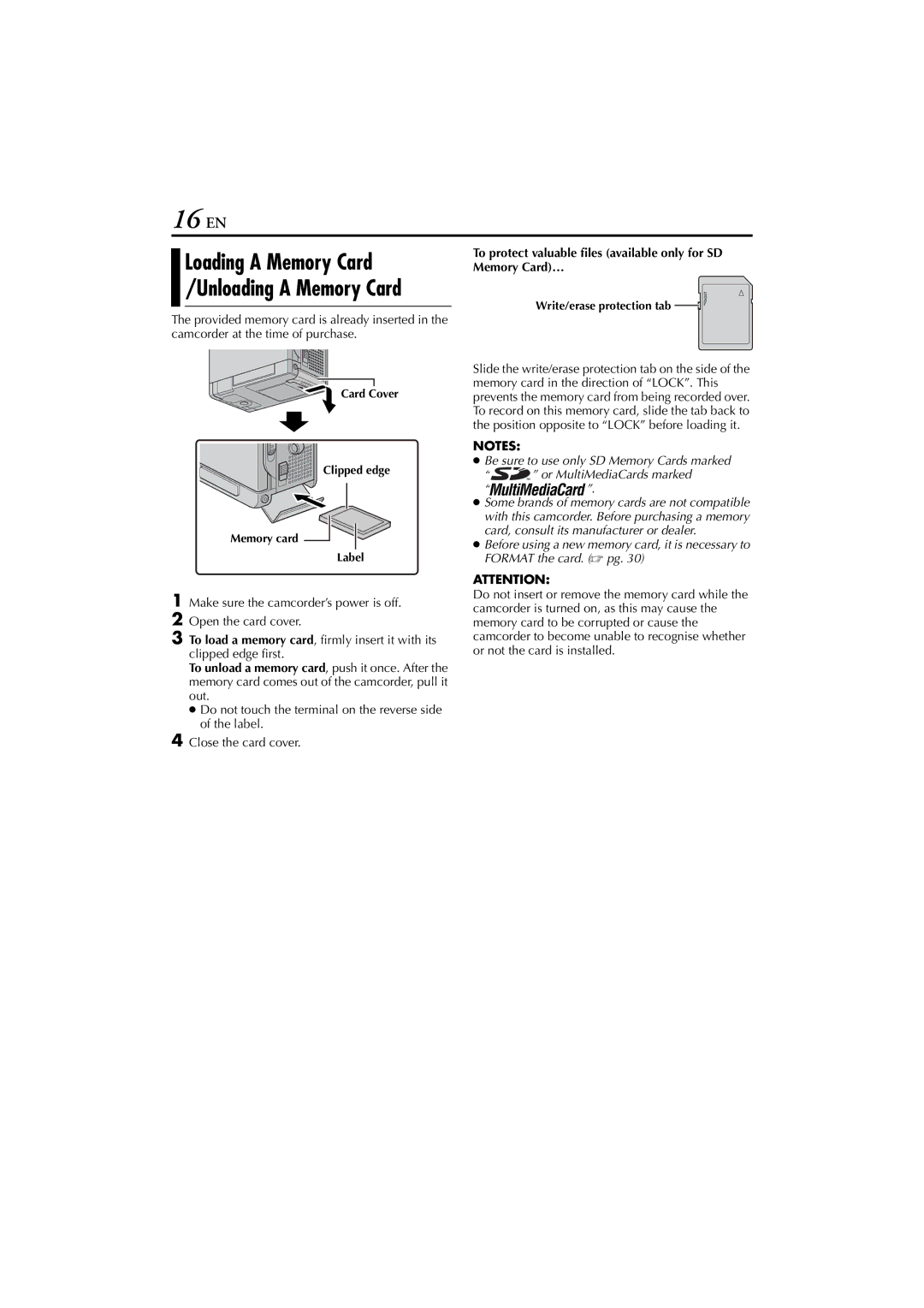 JVC LYT1147-001A manual 16 EN, Make sure the camcorder’s power is off Open the card cover 