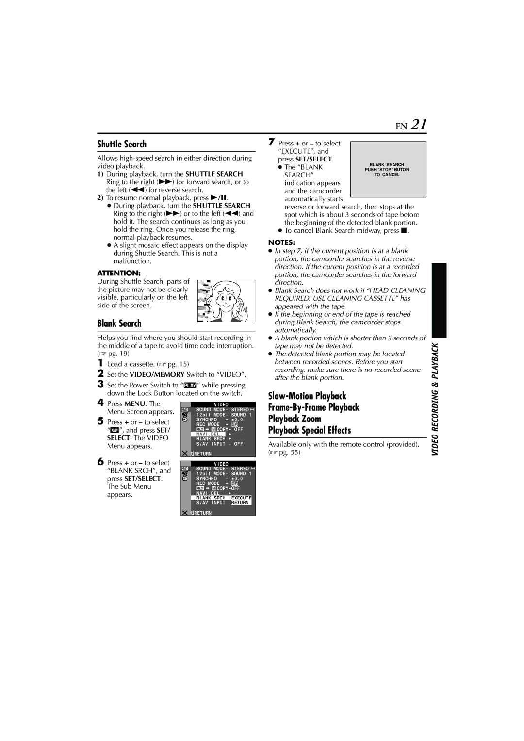 JVC LYT1147-001A manual Shuttle Search, Blank Search, Slow-Motion Playback 