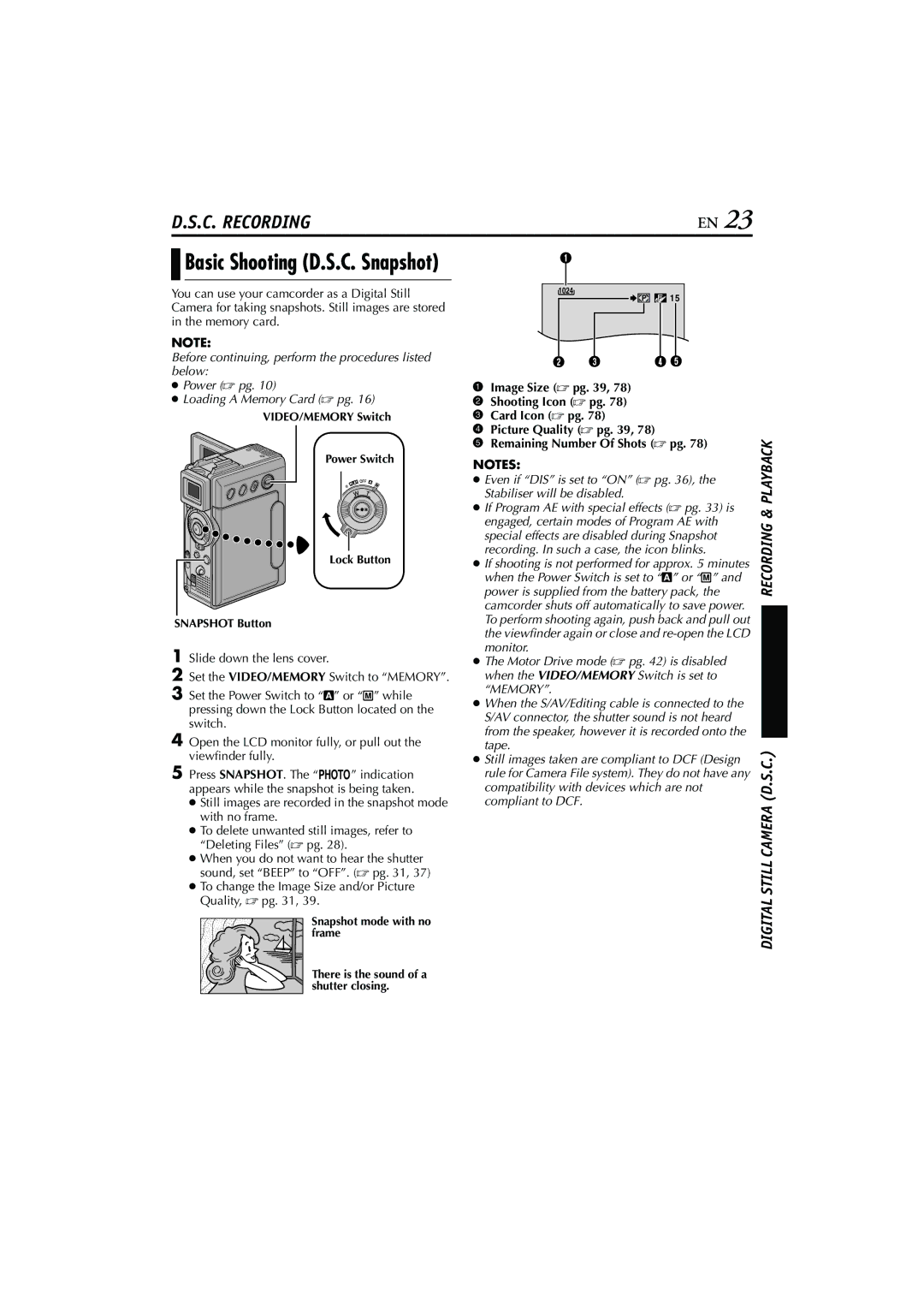 JVC LYT1147-001A manual Basic Shooting D.S.C. Snapshot, To change the Image Size and/or Picture Quality,  pg 