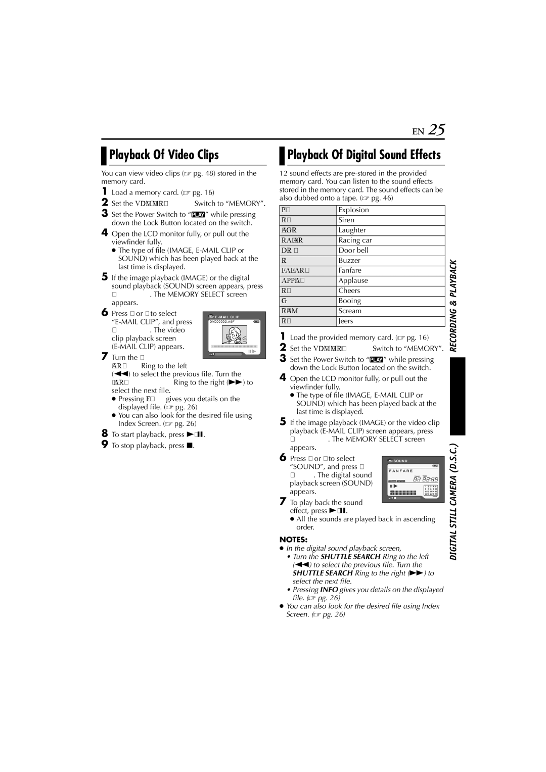 JVC LYT1147-001A manual Playback Of Video Clips, Playback Of Digital Sound Effects 