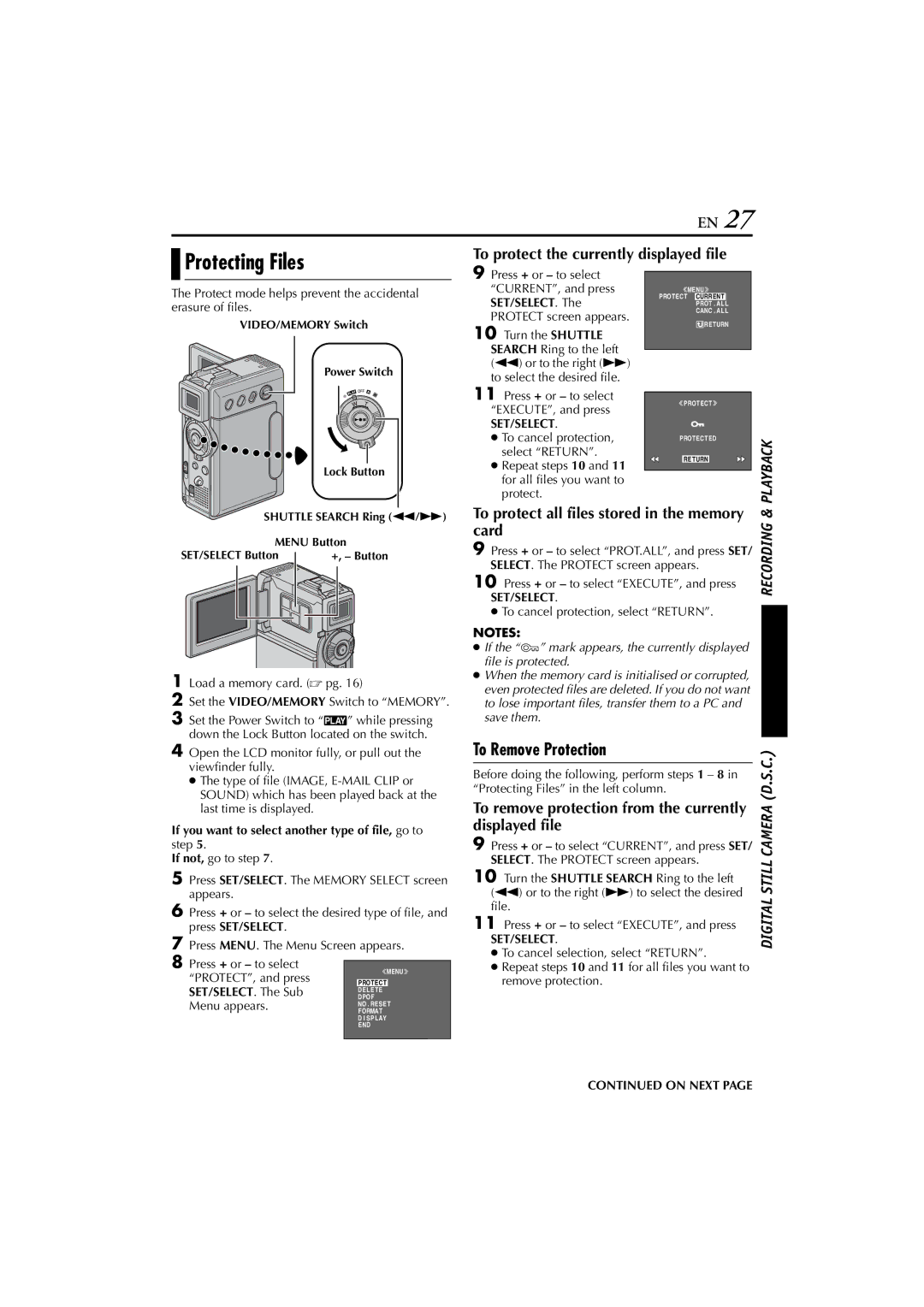 JVC LYT1147-001A manual To Remove Protection, To protect the currently displayed file, Card 