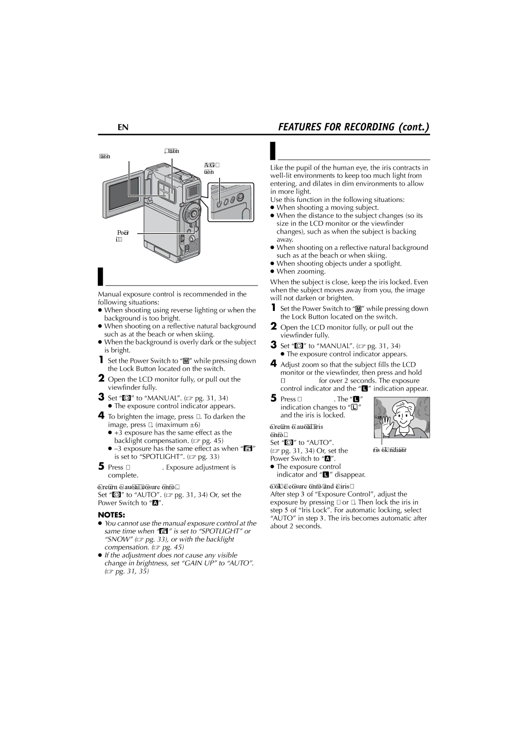 JVC LYT1147-001A manual 44 EN, Iris Lock, To return to automatic iris Control, To return to automatic exposure control 