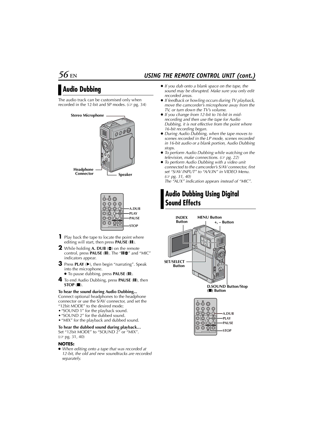 JVC LYT1147-001A manual 56 EN, To hear the sound during Audio Dubbing, To hear the dubbed sound during playback… 