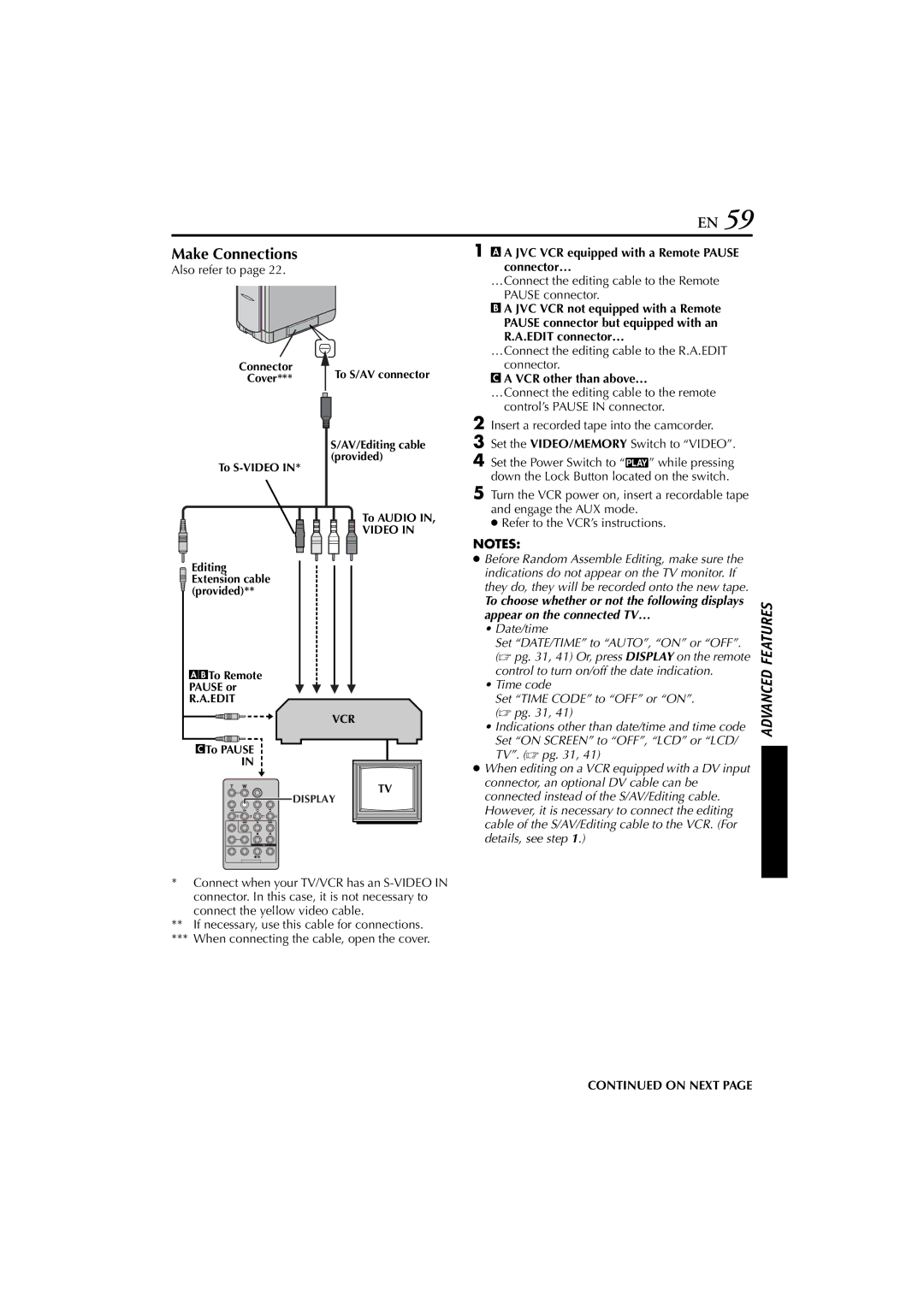 JVC LYT1147-001A manual Make Connections, Connector…, Pause connector but equipped with an, Edit connector… 