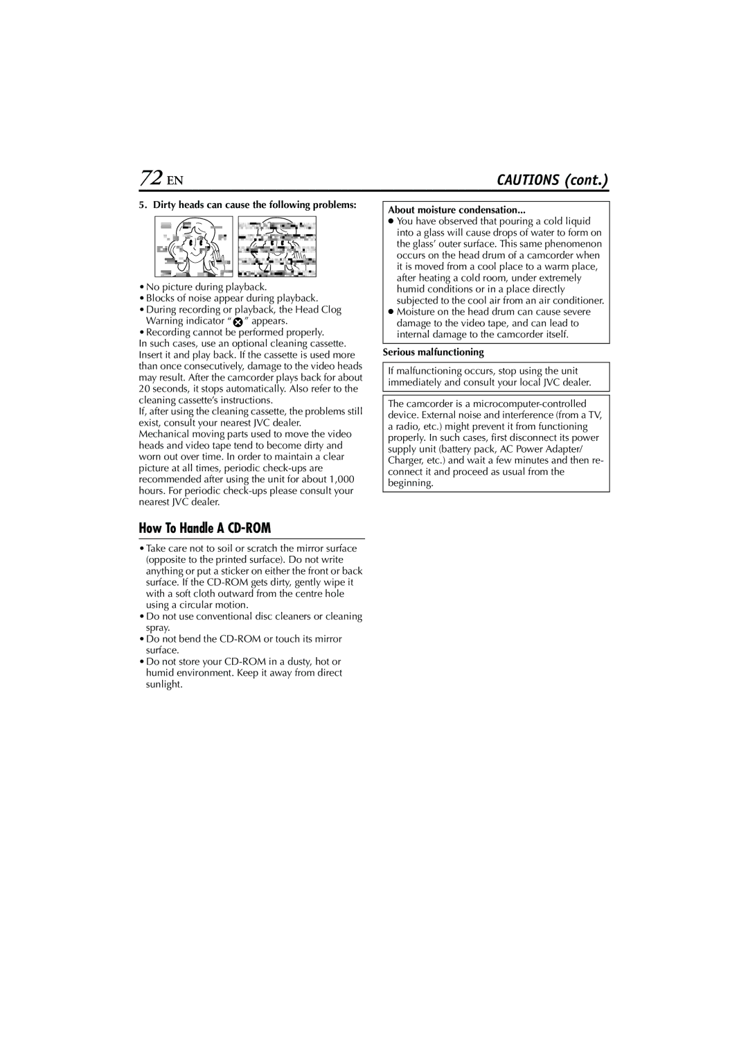 JVC LYT1147-001A manual 72 EN, How To Handle a CD-ROM, About moisture condensation, Serious malfunctioning 