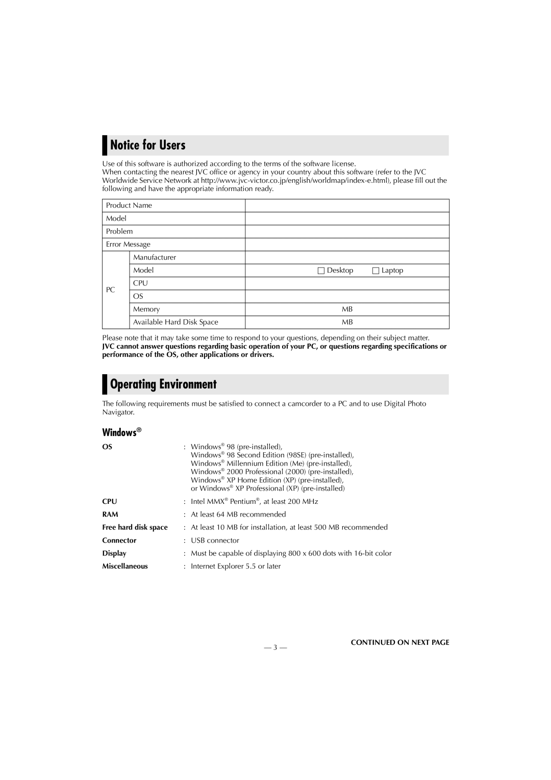 JVC LYT1147-001A manual Operating Environment, Windows, Cpu, Ram 