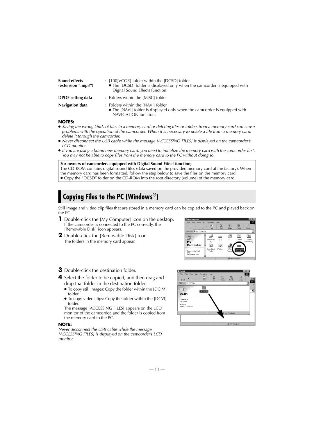 JVC LYT1147-001A manual Copying Files to the PC Windows, Sound effects, Extension .mp3, Dpof setting data, Navigation data 