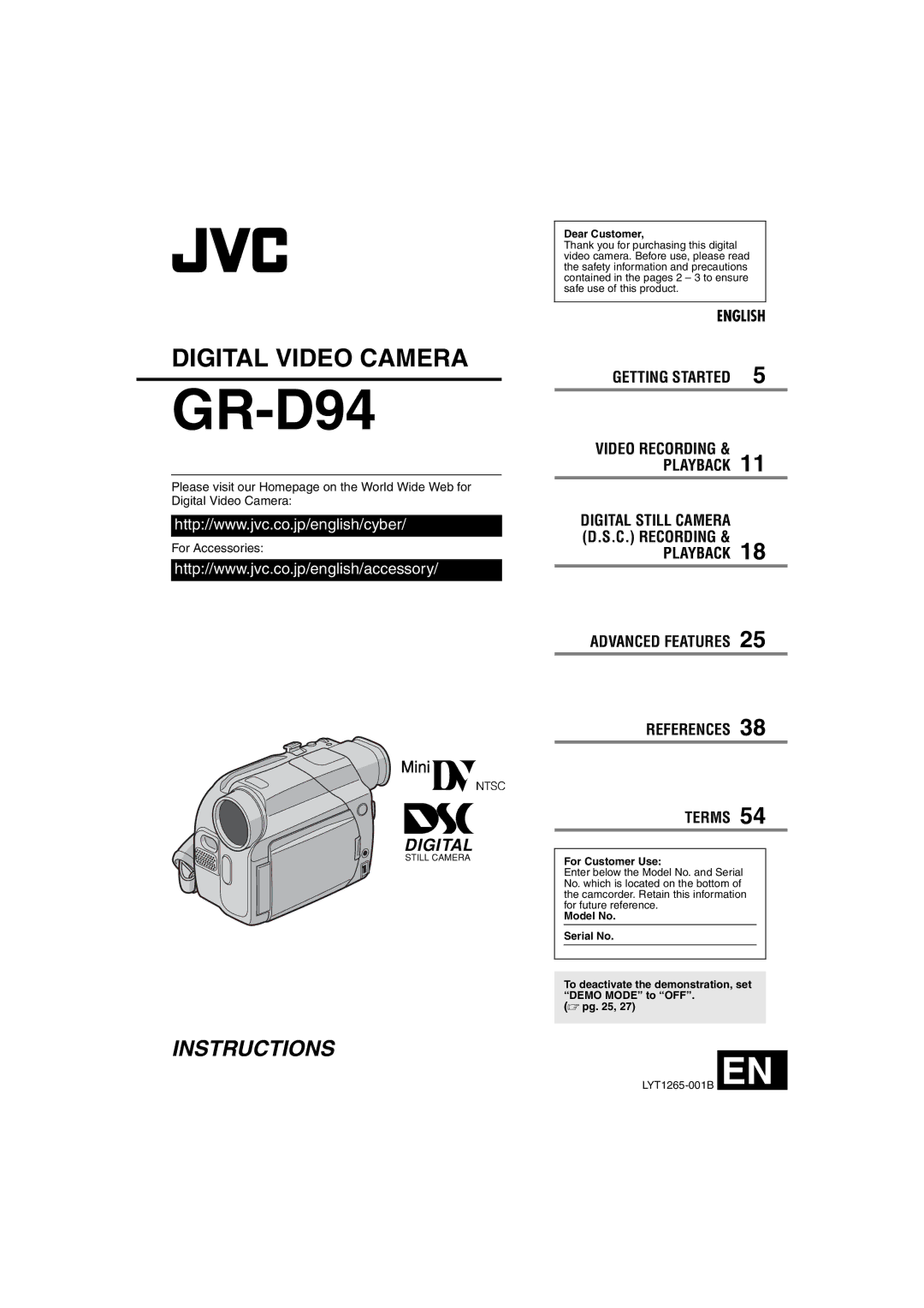 JVC 0104-FO-ID-PJ manual Dear Customer, For Customer Use, LYT1265-001B EN 