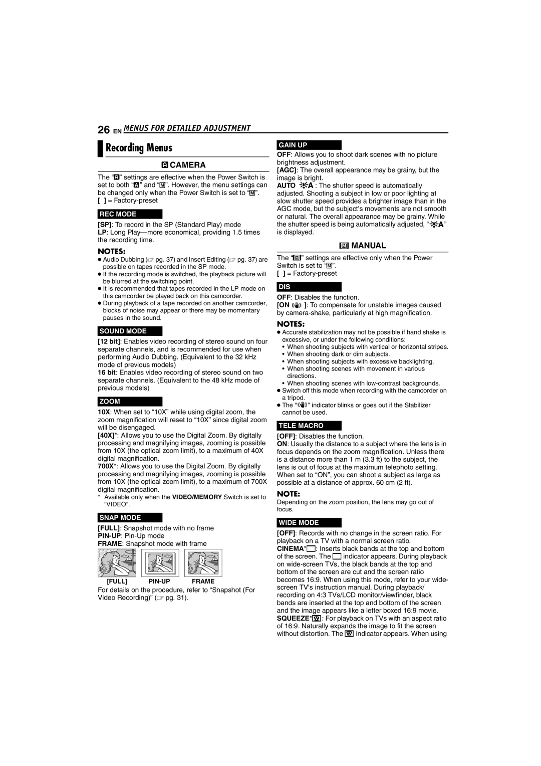 JVC LYT1265-001B, 0104-FO-ID-PJ manual Recording Menus, EN Menus for Detailed Adjustment, Auto 